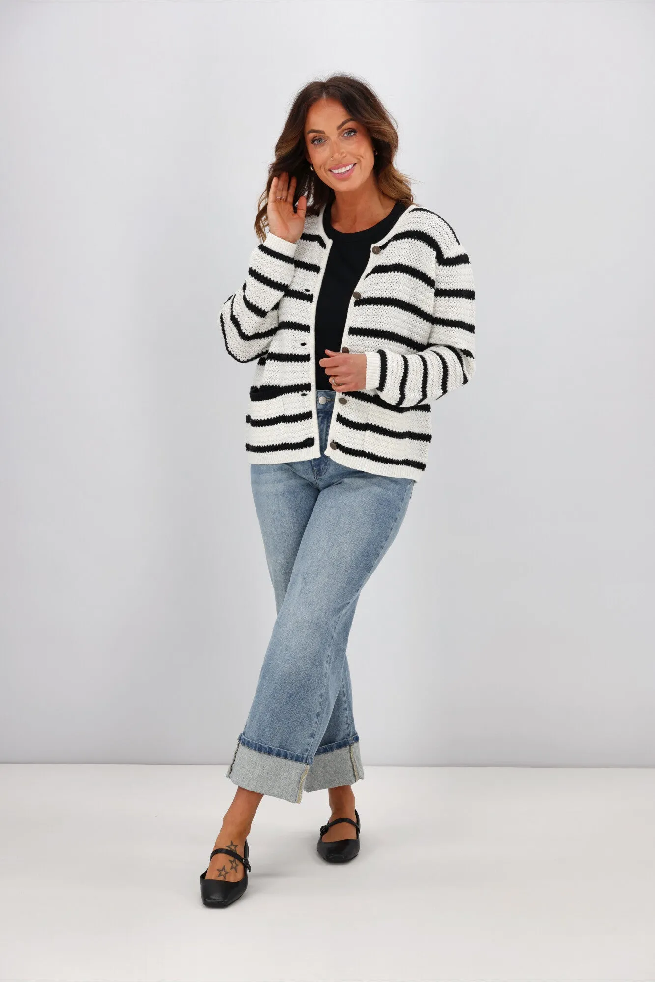 Gloss by Shine On Celestino Crochet Striped Cardigan Oat sold by Shine On