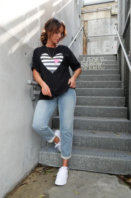 Rebel Club by Shine On Stripe Heart Boyfriend Tee Black sold by Shine On