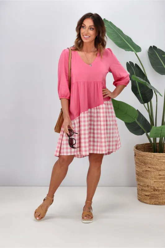 Silver Wishes Gingham Contrast Angle Tiered Dress Pink sold by Shine On