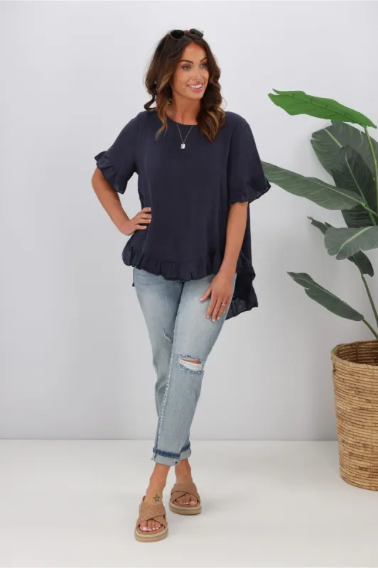 Cali & Co Frill Linen Top Navy sold by Shine On