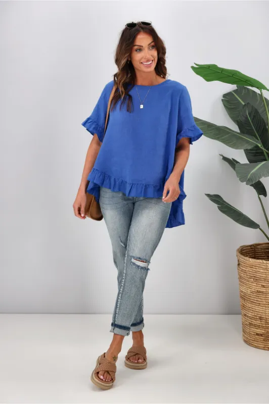 Cali & Co Frill Linen Top Cobalt Blue sold by Shine On