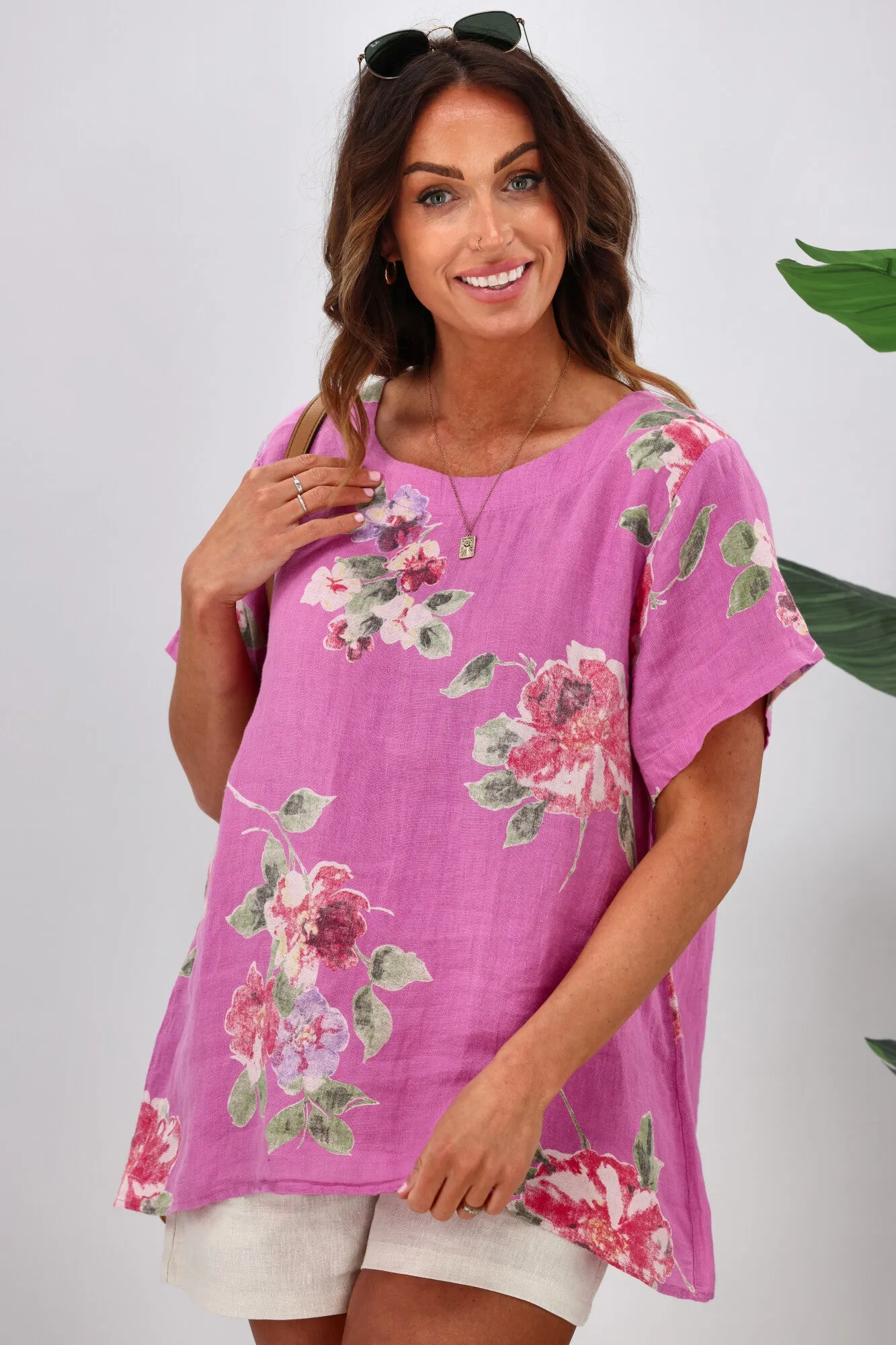 Cali & Co Floral Linen Top Hot Pink sold by Shine On product image thumbnail 2