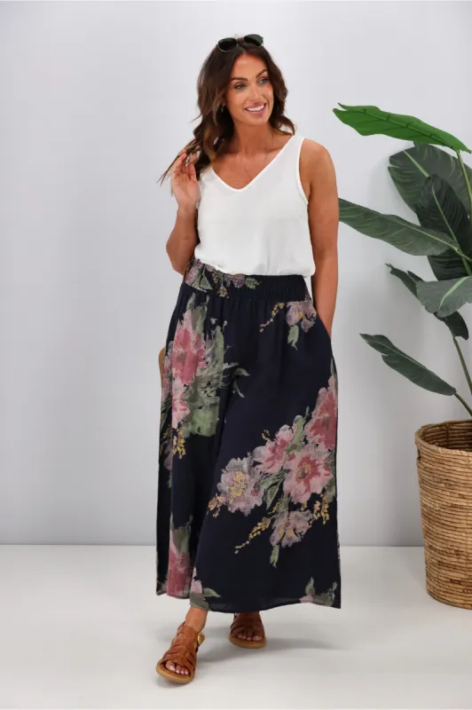 Cali & Co Wide Leg Linen Floral Pant Navy sold by Shine On