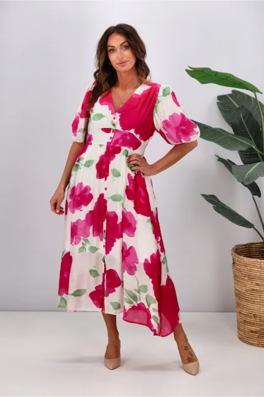 Fria Tosca Balloon Sleeve Dress Pink White Floral sold by Shine On