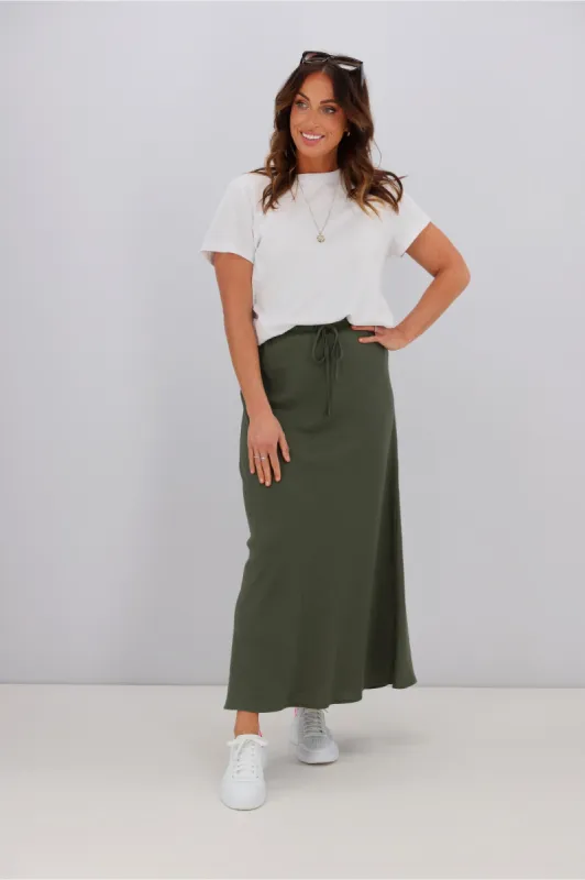 Shine On Label Paloma Bias Linen Blend Skirt Olive sold by Shine On