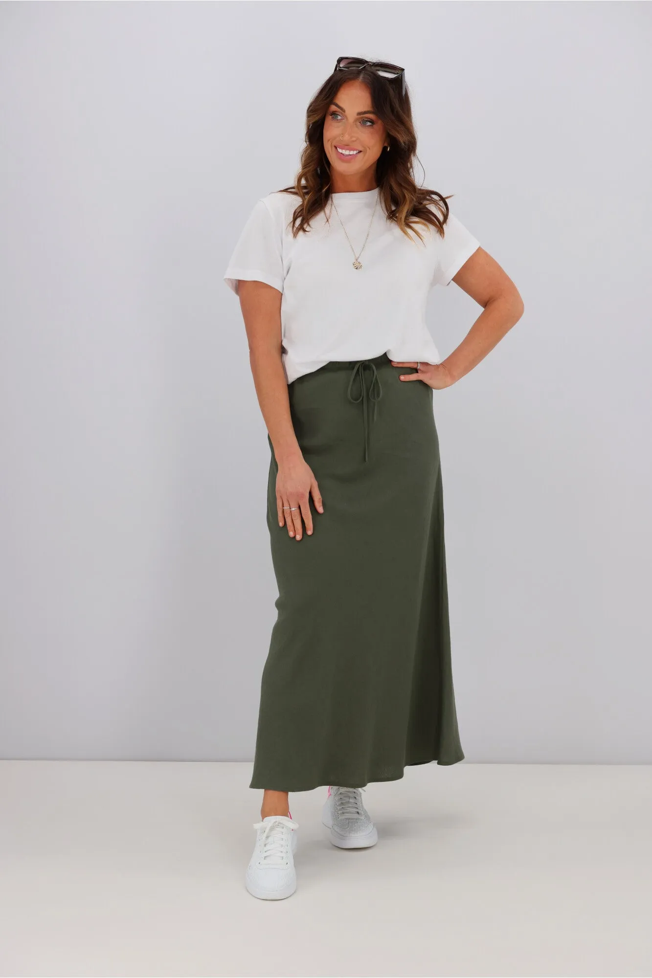 Shine On Label Paloma Bias Linen Blend Skirt Olive sold by Shine On