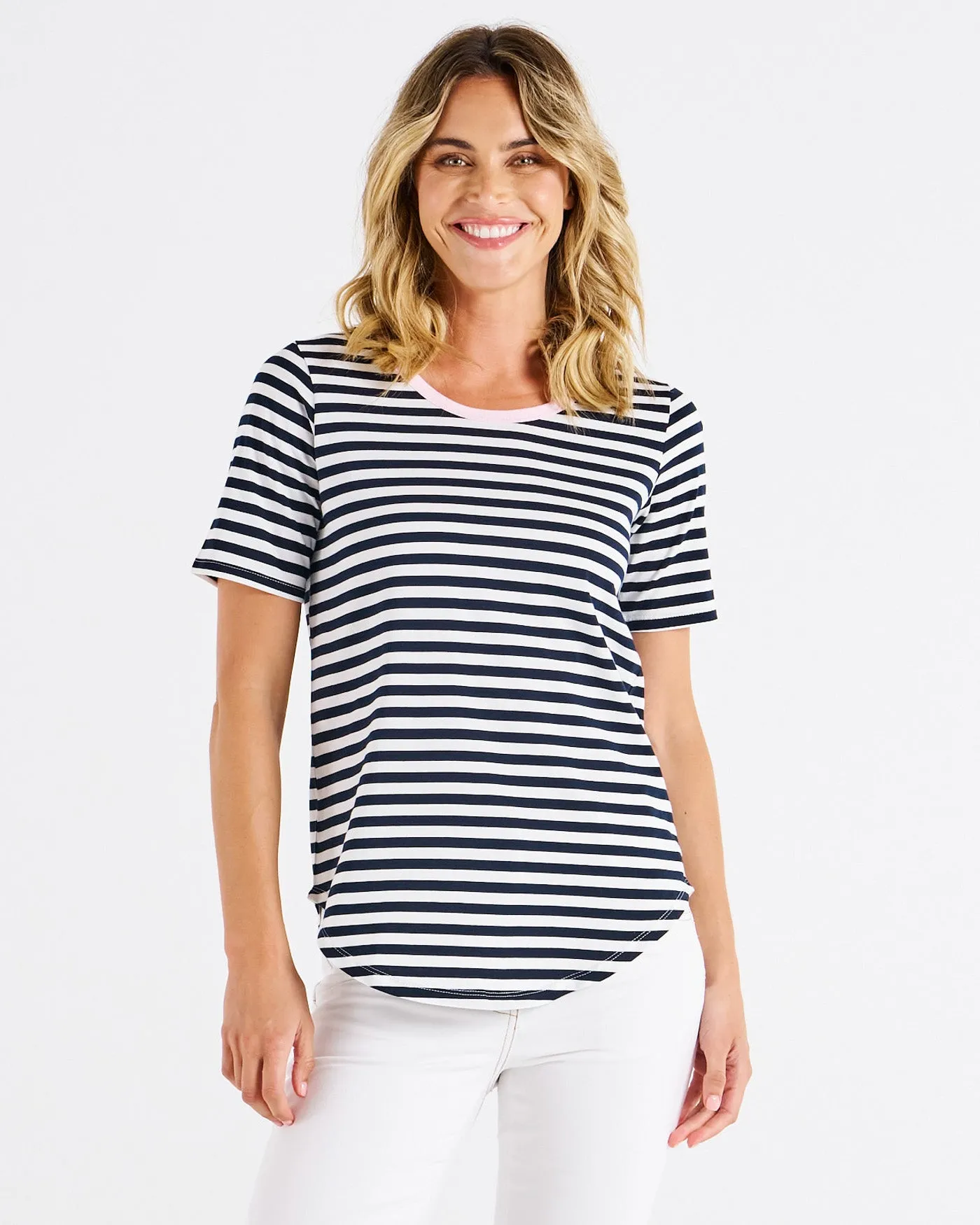 Betty Basics Ariana Tee Navy Stripe Pink sold by Shine On