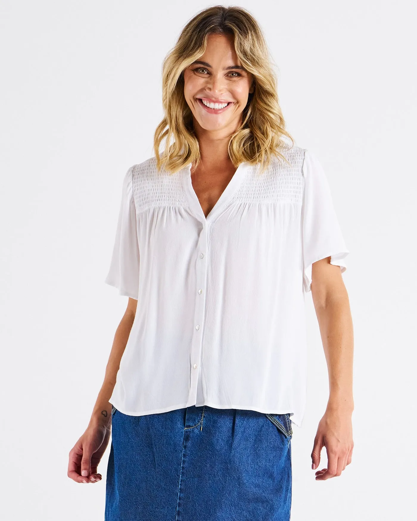 Betty Basics Sandy Shirred Blouse White sold by Shine On