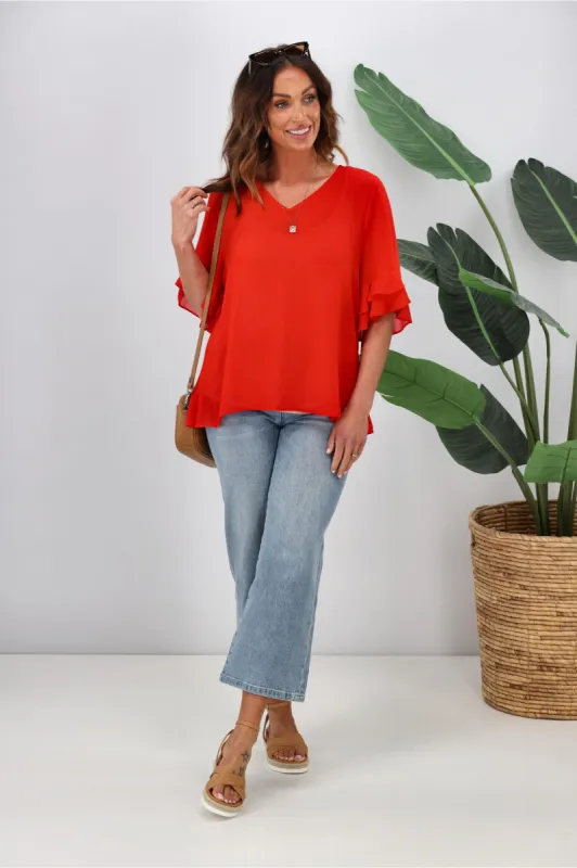 Gloss by Shine On Harper Frill Sleeve Top Crimson sold by Shine On