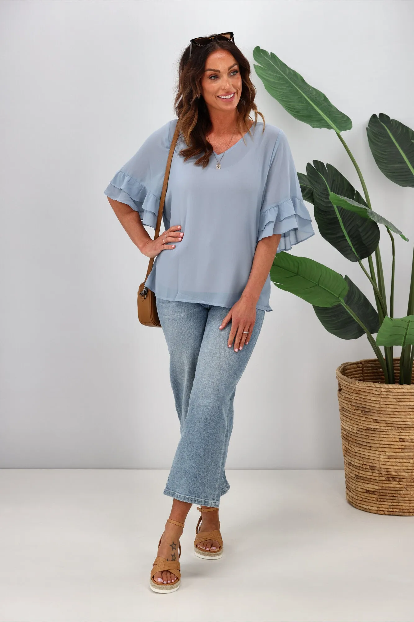 Gloss by Shine On Harper Frill Sleeve Top Pale Blue sold by Shine On product image thumbnail 3