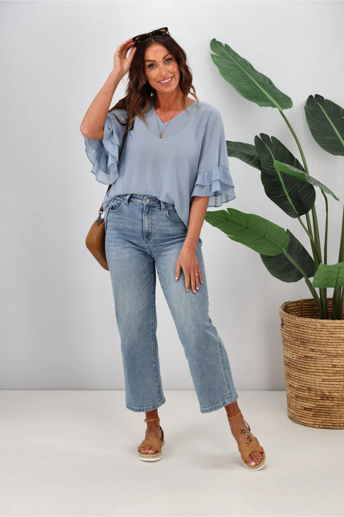 Gloss by Shine On Harper Frill Sleeve Top Pale Blue sold by Shine On