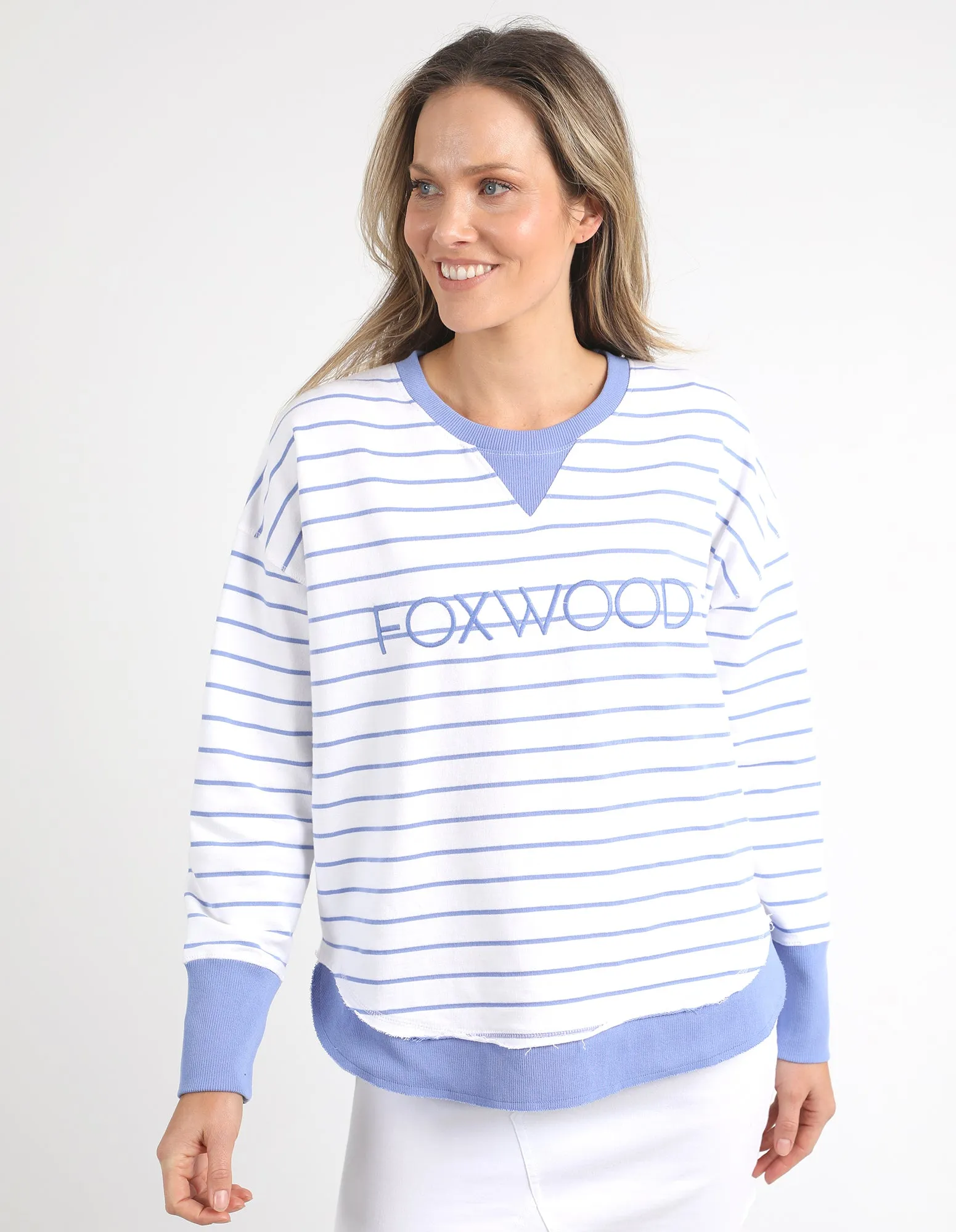 Foxwood Neon Simplified Stripe Crew White/Neon Blue sold by Shine On