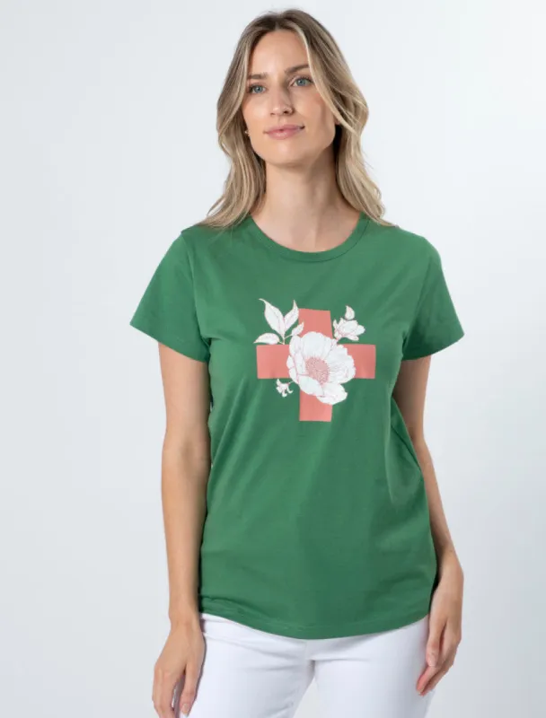 Stella + Gemma T-Shirt Vintage Green Floral With Cross sold by Shine On