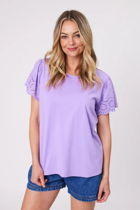 Shine On Label Alicent Broderie Flutter Tee Lilac sold by Shine On