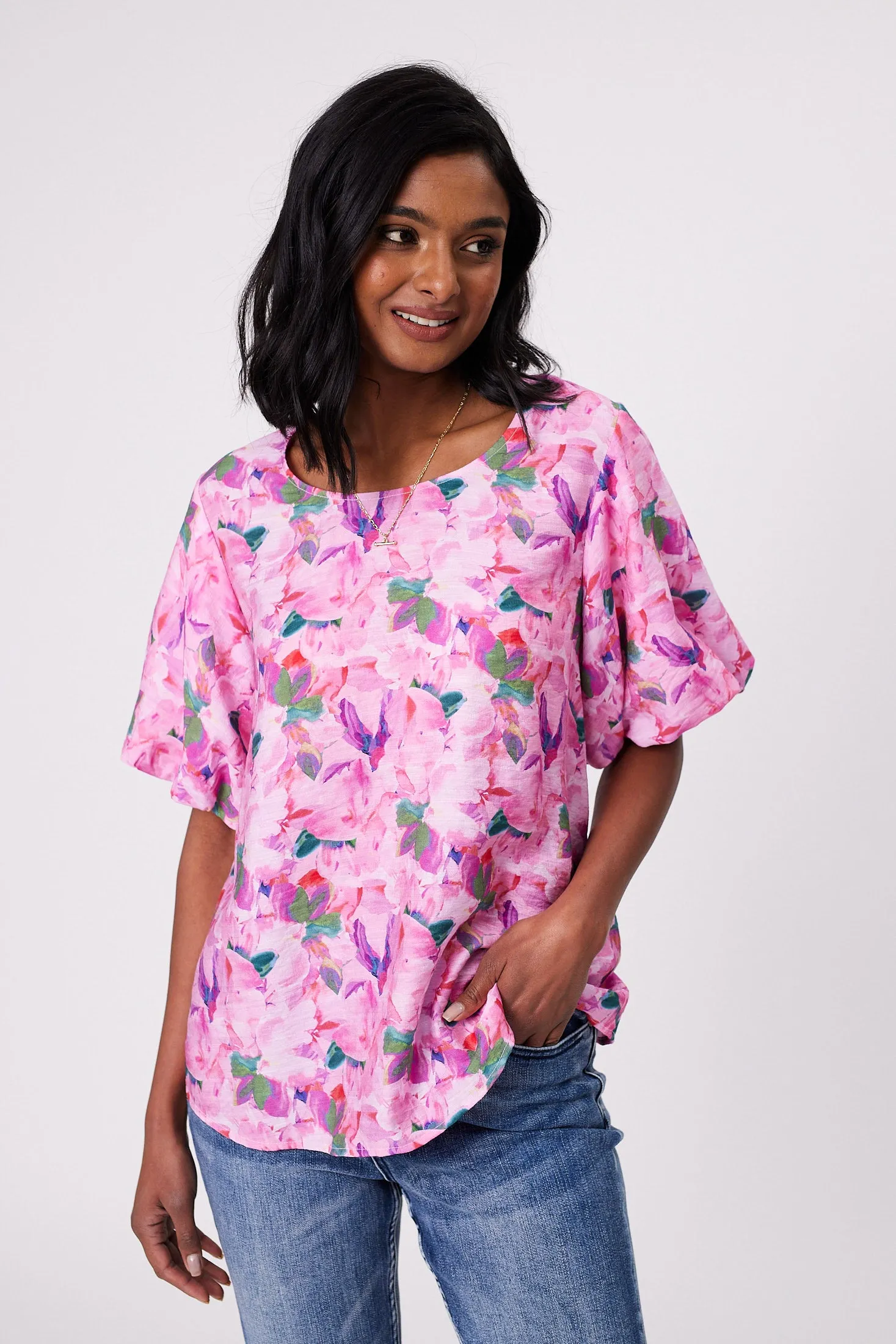 Gloss by Shine On Winslet Puff Sleeve Top Watercolour Floral sold by Shine On