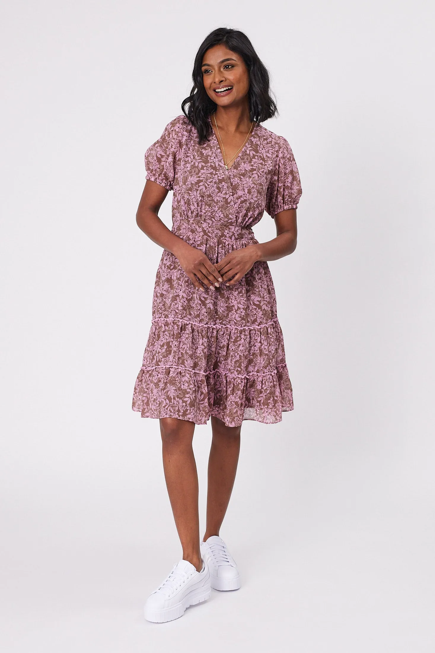 Gloss by Shine On Sapphira Mini Dress Brown Pink Floral sold by Shine On