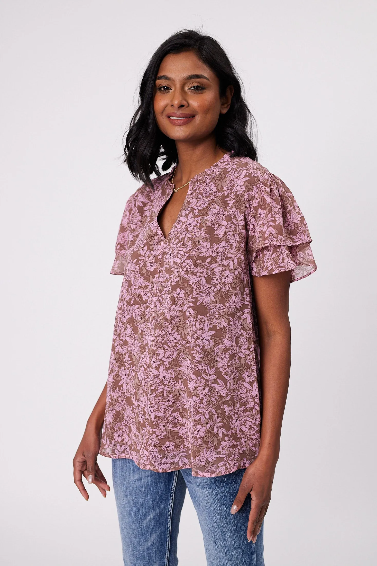 Gloss by Shine On Ruby Frill Sleeve Top Brown Pink Floral sold by Shine On product image thumbnail 3