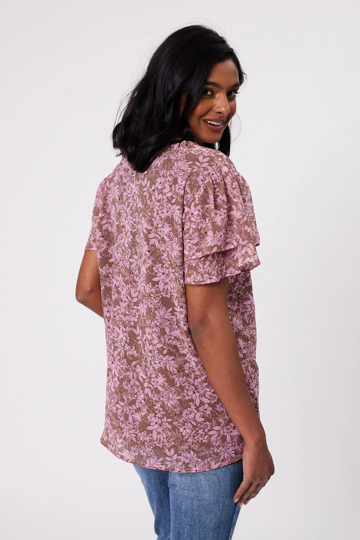 Gloss by Shine On Ruby Frill Sleeve Top Brown Pink Floral sold by Shine On product image thumbnail 5