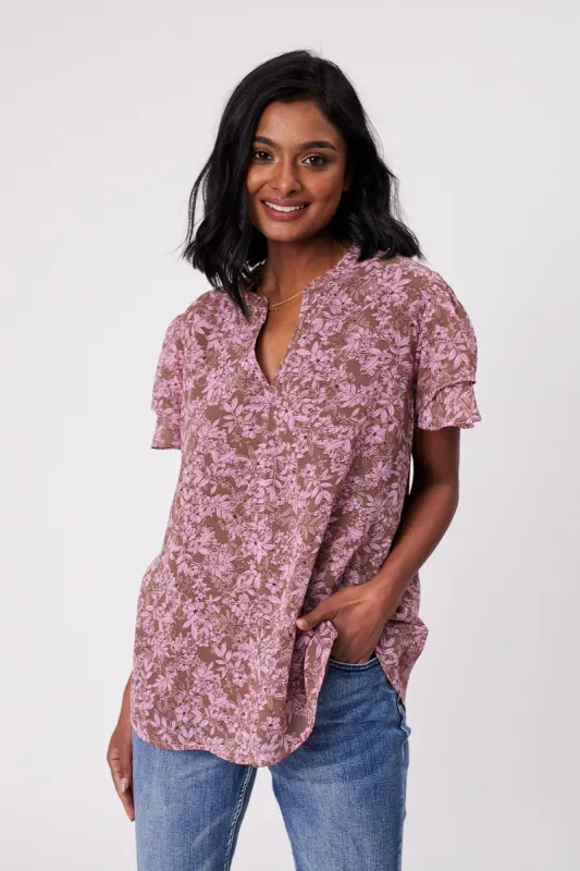 Gloss by Shine On Ruby Frill Sleeve Top Brown Pink Floral sold by Shine On