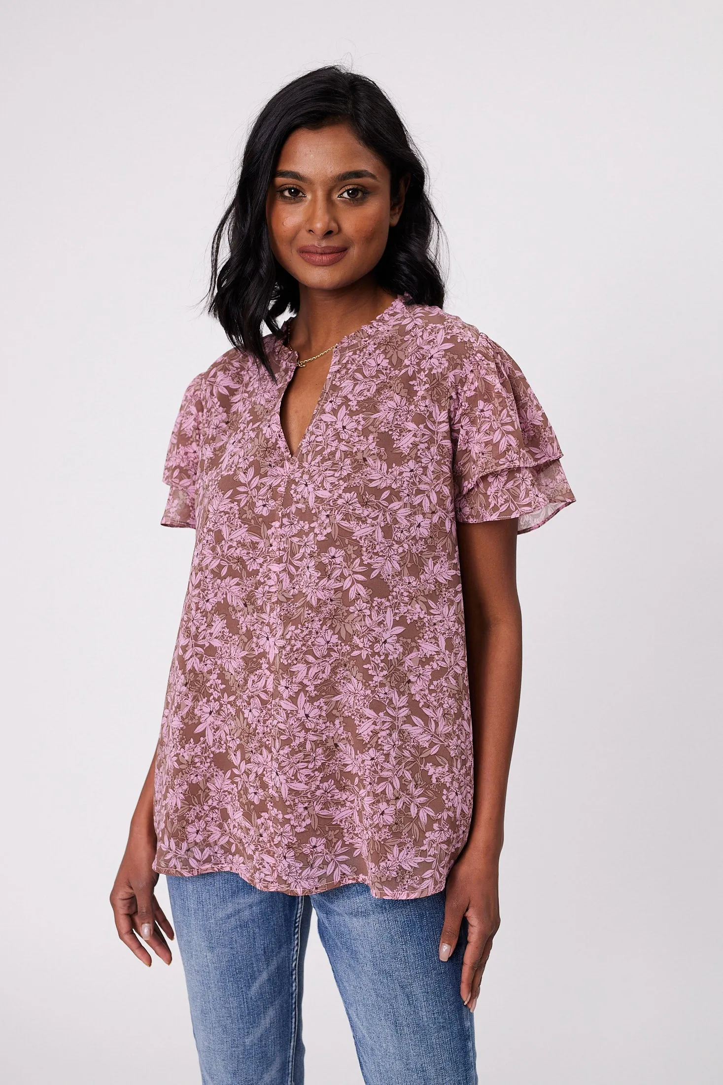 Gloss by Shine On Ruby Frill Sleeve Top Brown Pink Floral sold by Shine On product image thumbnail 2