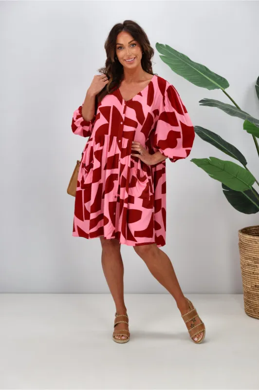 Fria Freya Tiered Dress Pink Geo Print sold by Shine On
