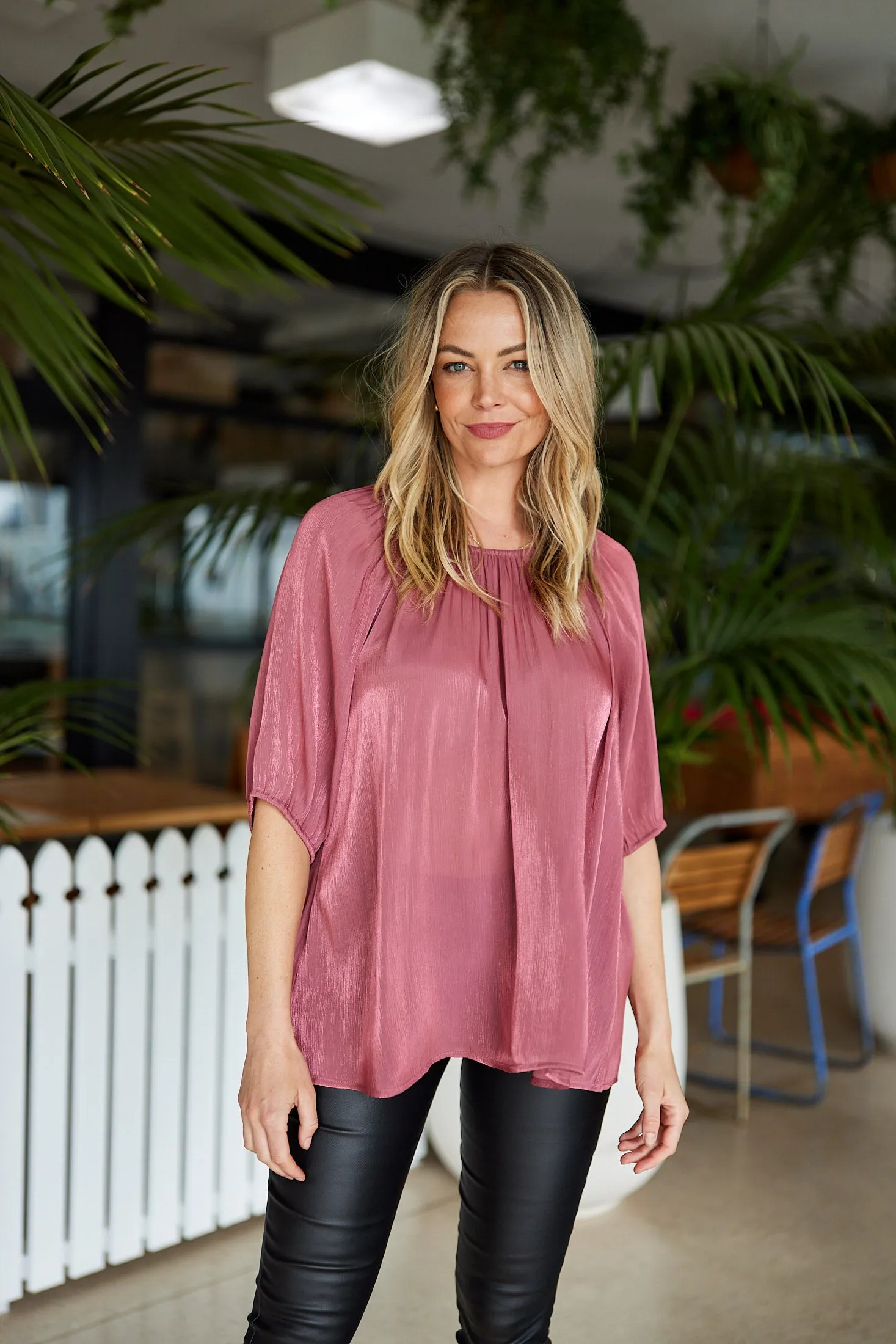 Gloss by Shine On Klein Crinkle Sheer Top Pink sold by Shine On