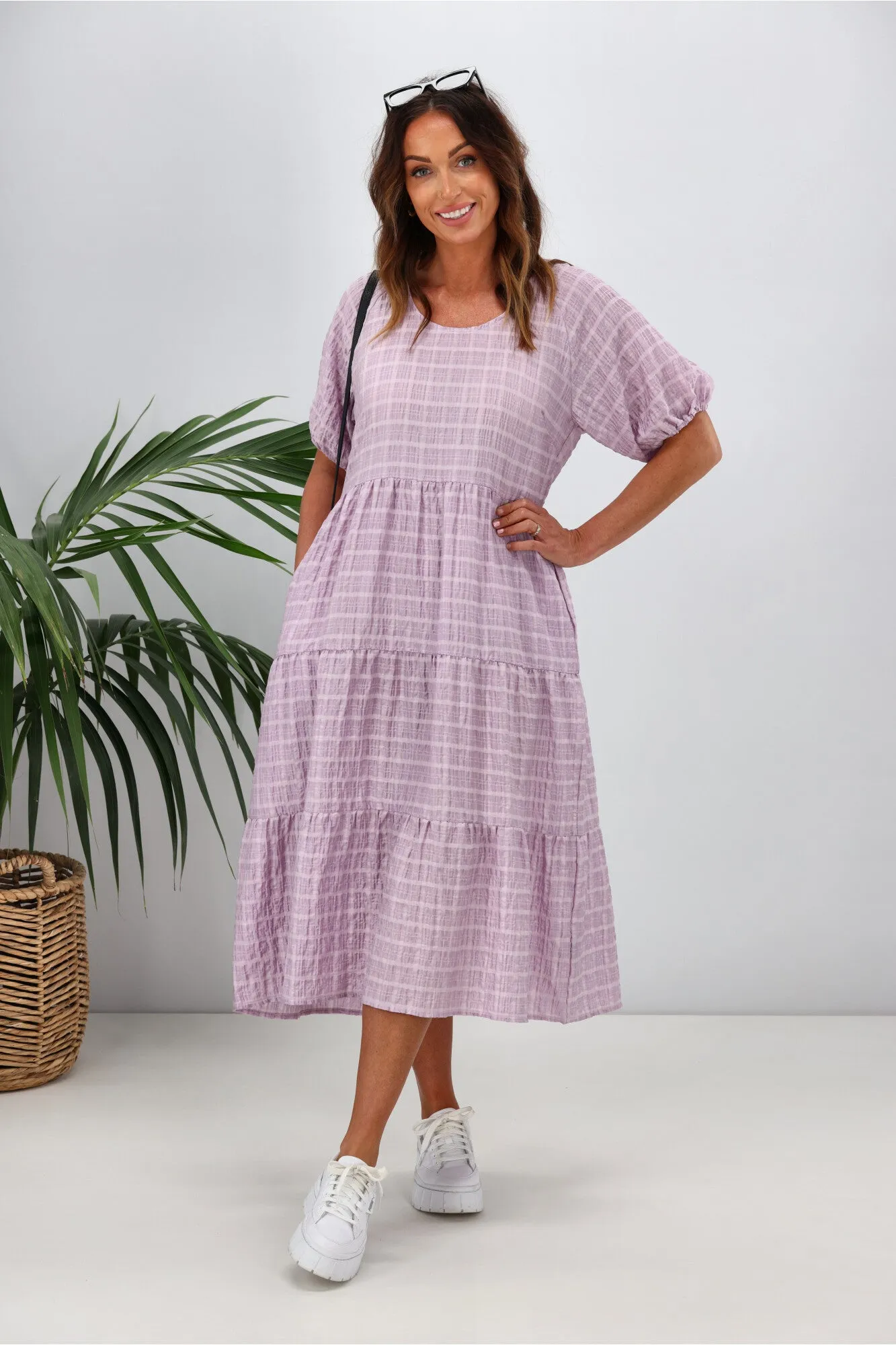 Shine On Label Odessa Tiered Midi Dress Lilac sold by Shine On