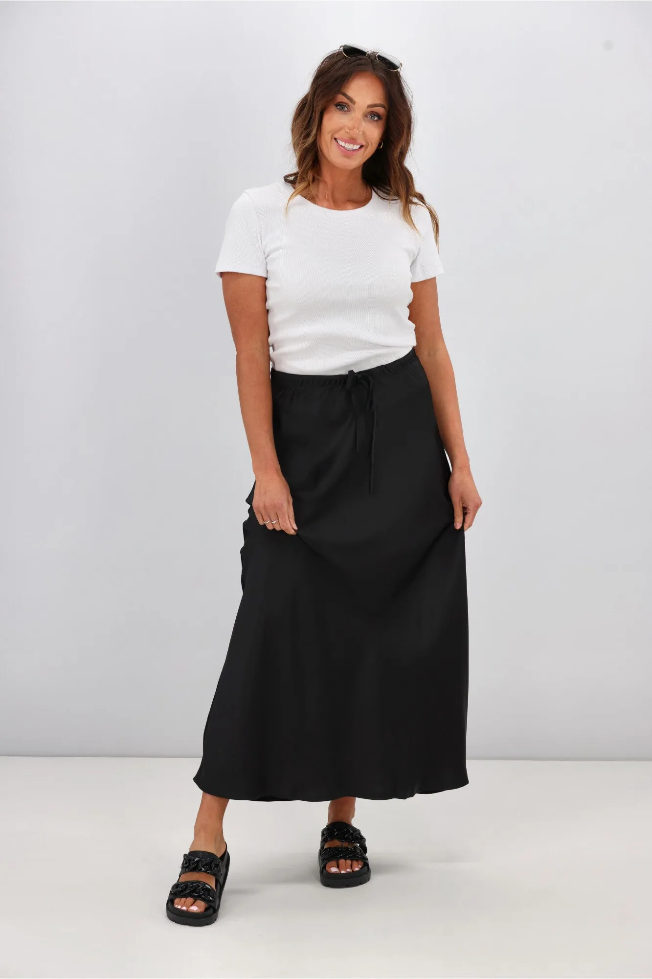 Shine On Label Hazel Satin Midi Skirt Black sold by Shine On