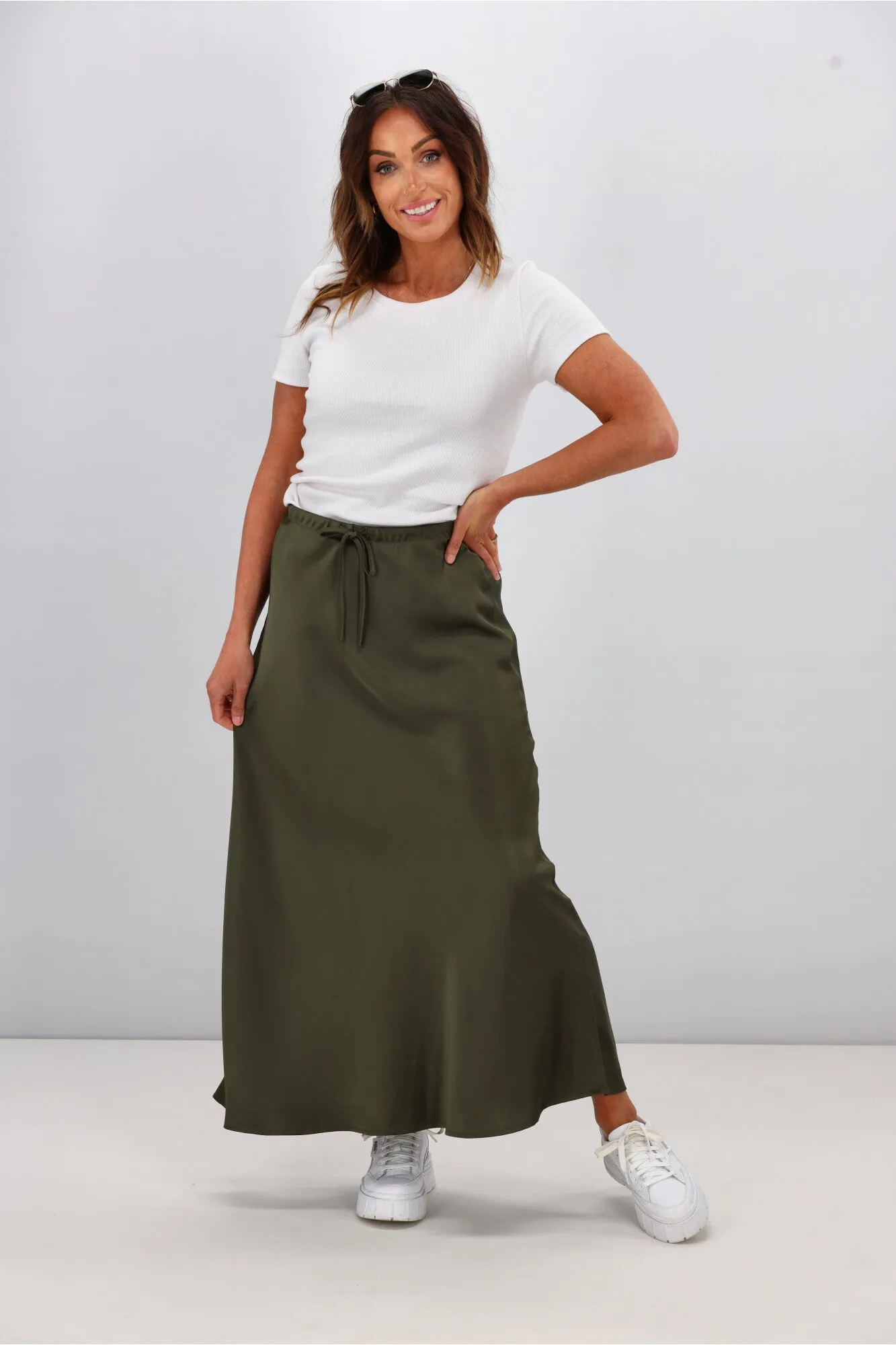 Shine On Label Hazel Satin Midi Skirt Olive sold by Shine On