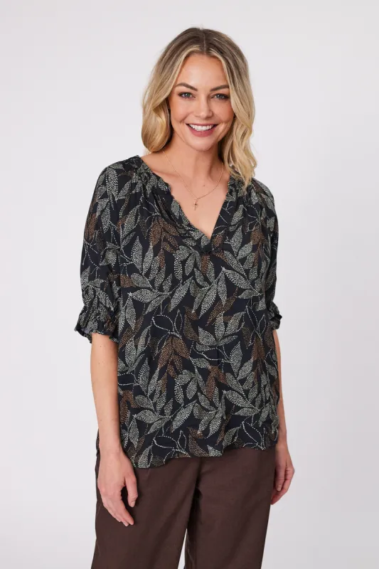 Gloss by Shine On Fable Mandarin Collar Top Black Dot Leaf Print sold by Shine On