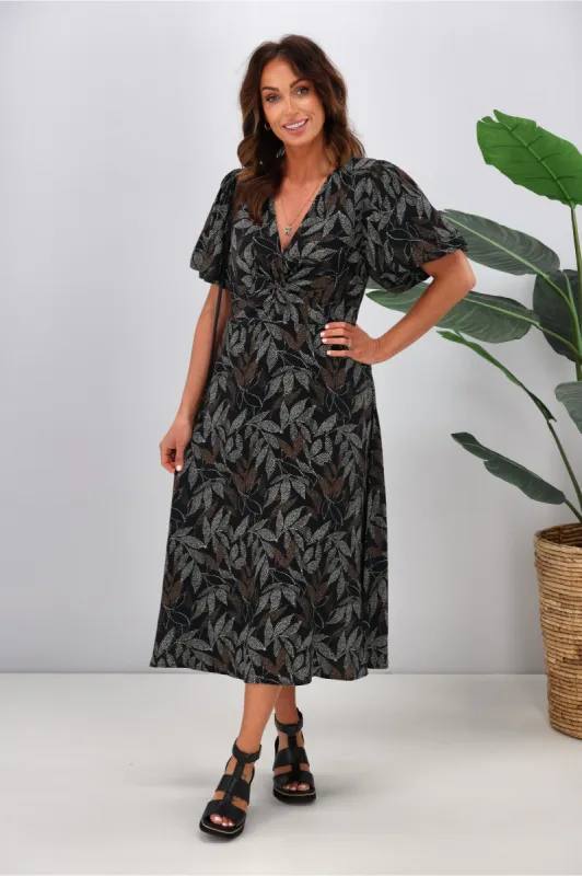 Gloss by Shine On Thora Knot Front Dress Black Leaf Dot Print sold by Shine On