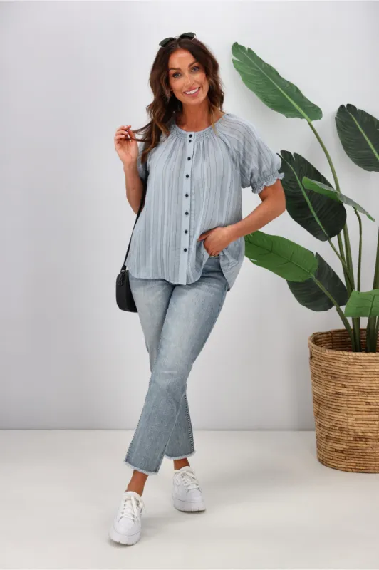 Shine On Label Eve Striped Puff Sleeve Blouse Cornflower sold by Shine On