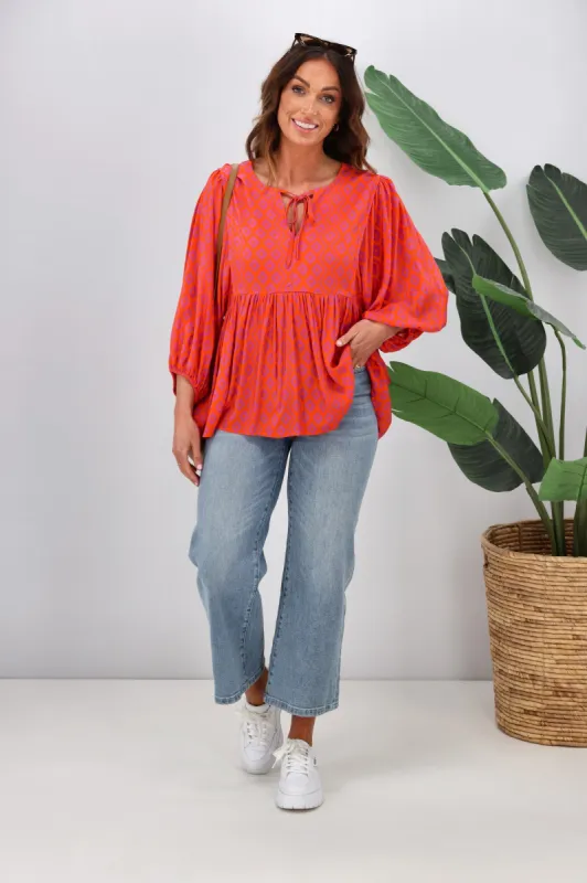 Gloss by Shine On Charlotte Balloon Sleeve Top Orange Purple Diamond Print sold by Shine On