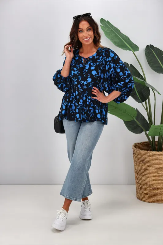 Gloss by Shine On Charlotte Balloon Sleeve Top Black Blue Floral sold by Shine On