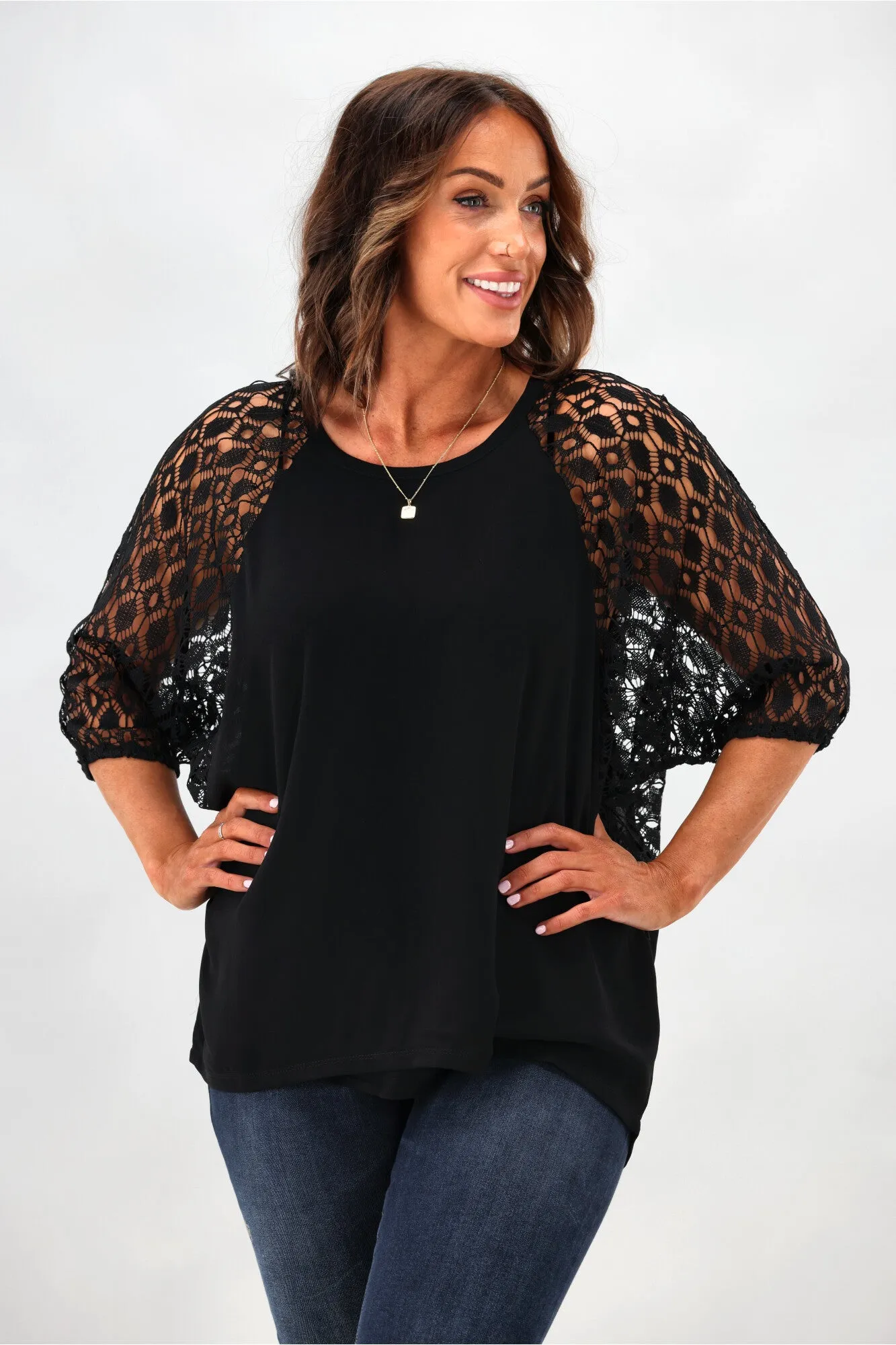 Gloss by Shine On Lara Raglan Lace Sleeve Top Black sold by Shine On product image thumbnail 2