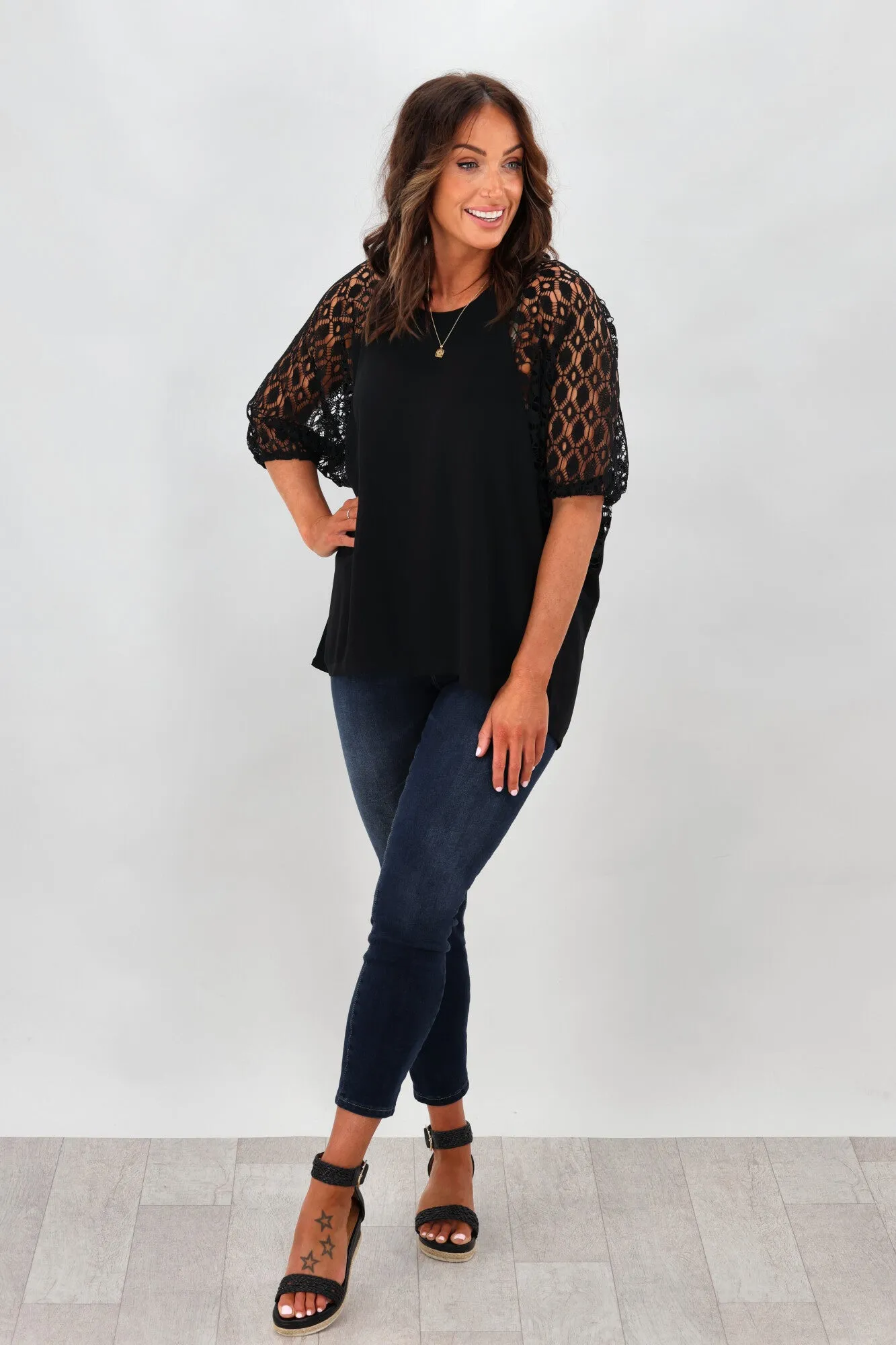 Gloss by Shine On Lara Raglan Lace Sleeve Top Black sold by Shine On