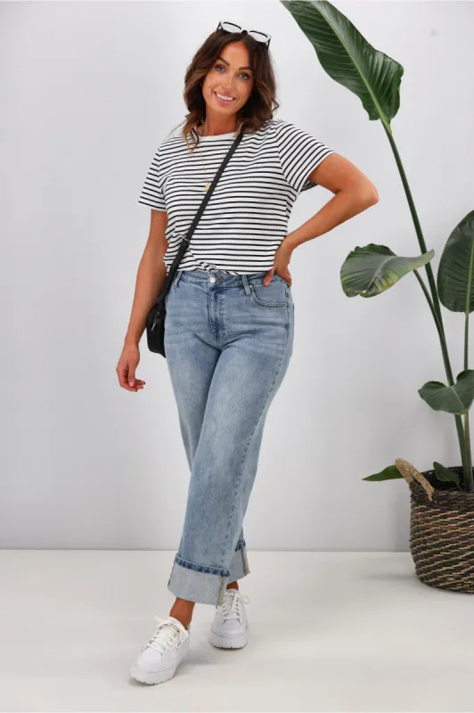 Shine On Label Zeke Wide Leg Jean with Turn Up Hem Washed Blue sold by Shine On