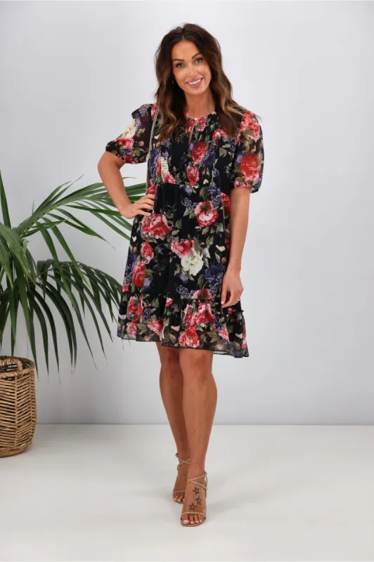 Gloss by Shine On Kelly Shirred Front Dress Black Floral sold by Shine On
