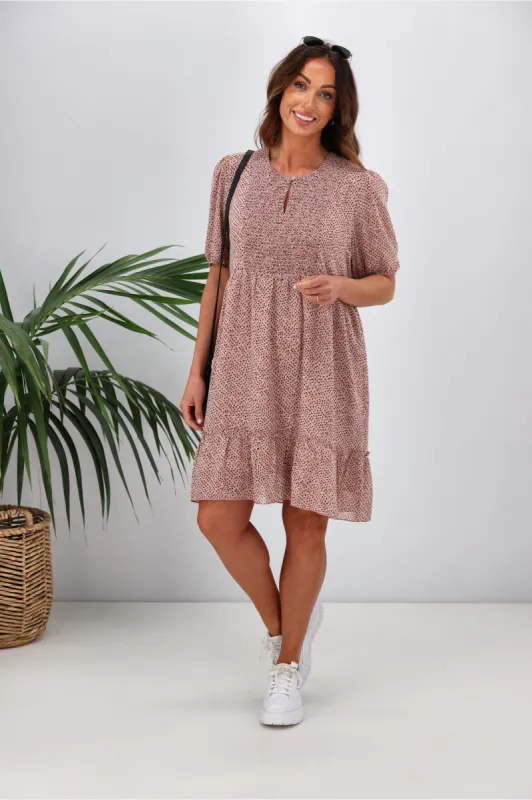 Gloss by Shine On Kelly Shirred Front Dress Dusky Pink Spot sold by Shine On