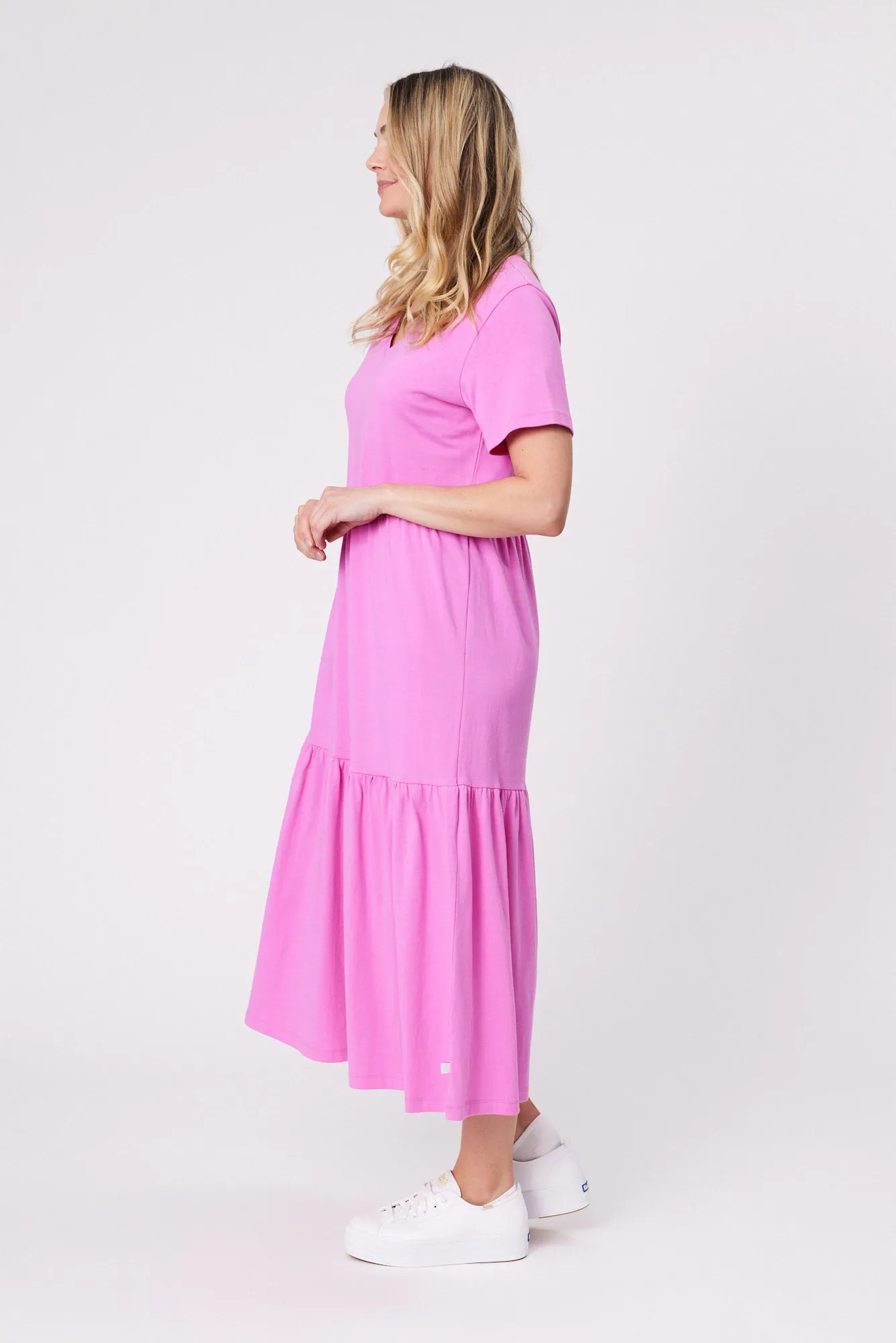 Shine On Essentials Tiered Midi Dress Super Pink sold by Shine On product image thumbnail 5