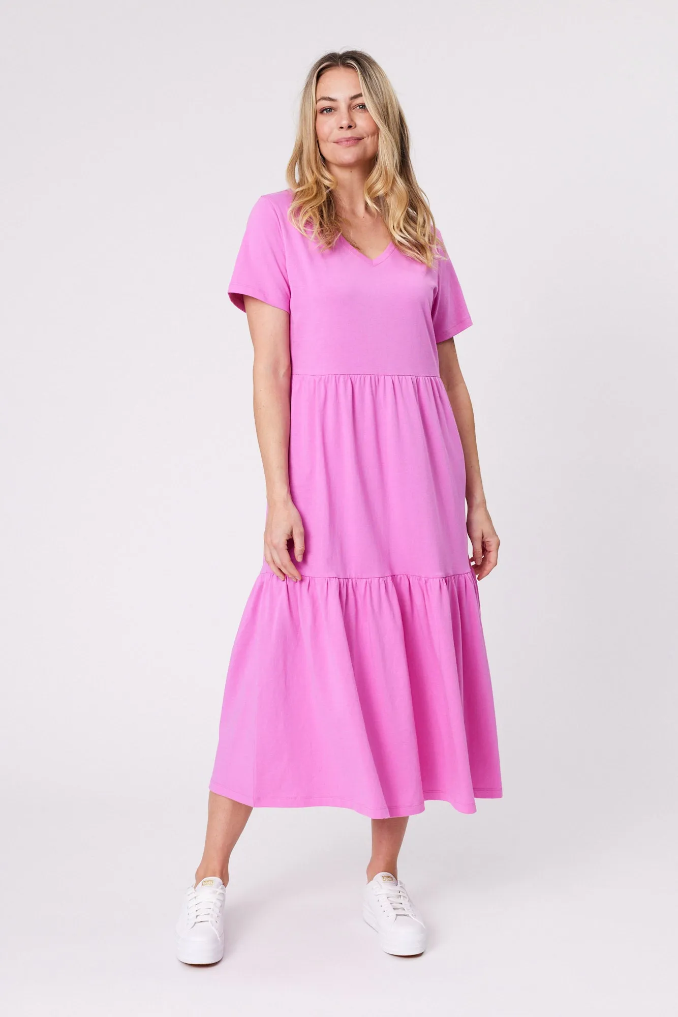 Shine On Essentials Tiered Midi Dress Super Pink sold by Shine On product image thumbnail 2