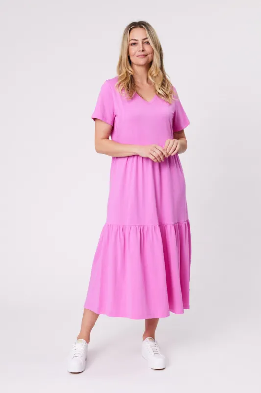Shine On Essentials Tiered Midi Dress Super Pink sold by Shine On