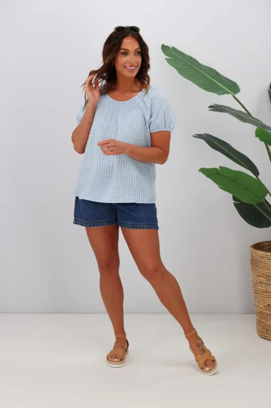 Shine On Label Danca Shirred Neckband Top Blue Check sold by Shine On