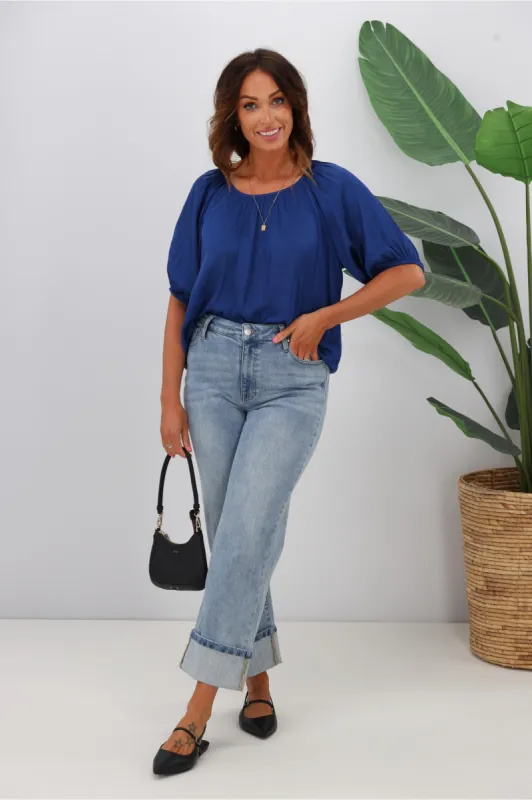 Gloss by Shine On Eve Satin Gathered Top Blue sold by Shine On