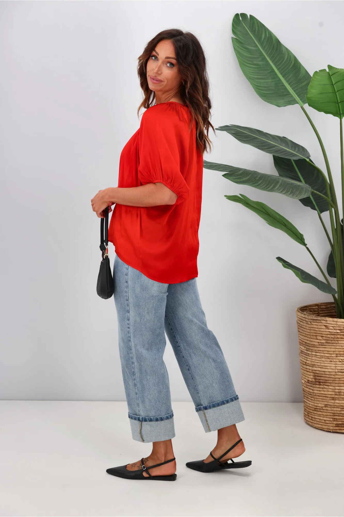 Gloss by Shine On Eve Satin Gathered Top Tomato sold by Shine On product image thumbnail 5