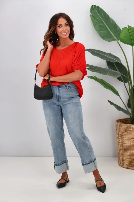 Gloss by Shine On Eve Satin Gathered Top Tomato sold by Shine On