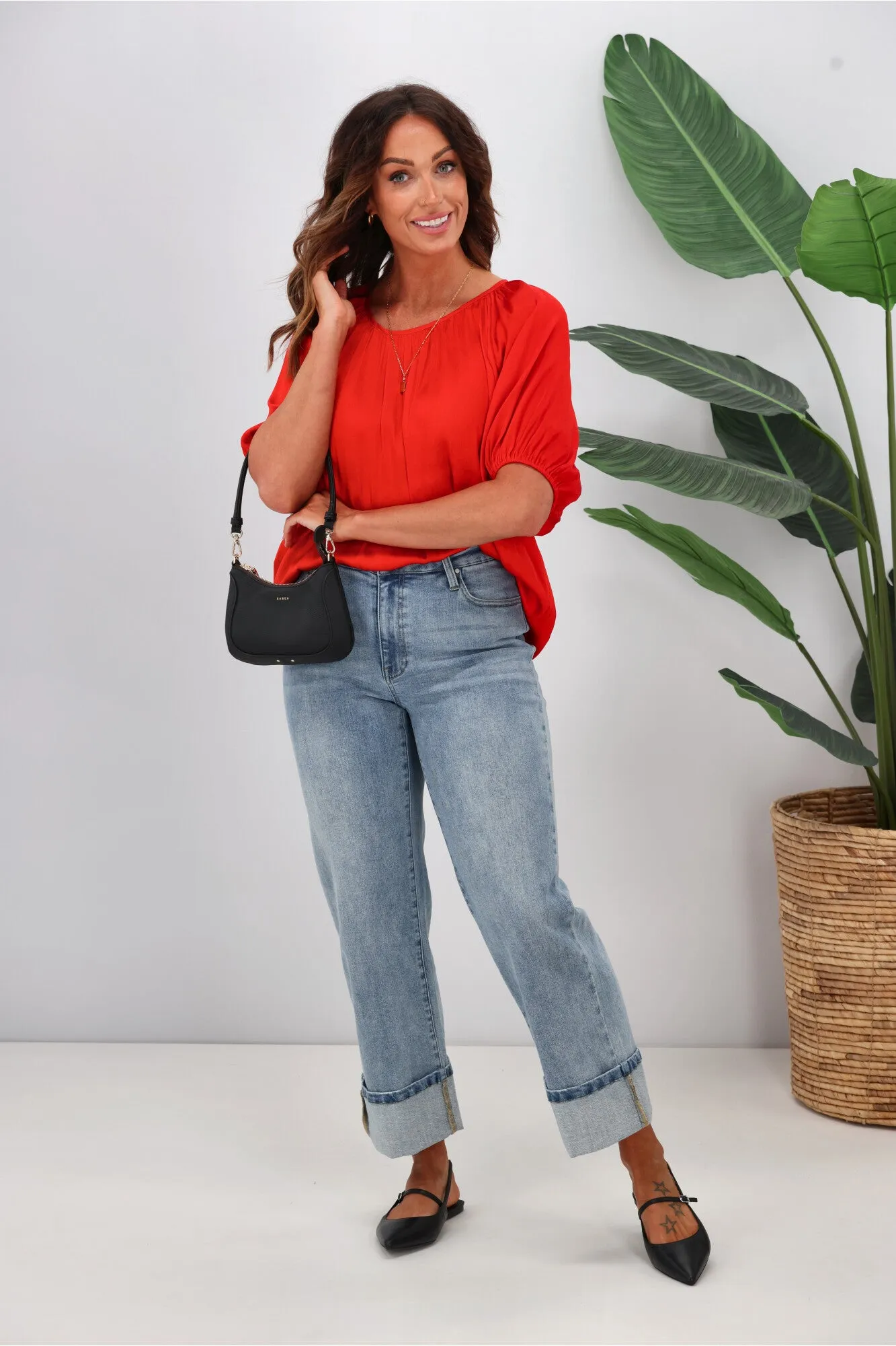 Gloss by Shine On Eve Satin Gathered Top Tomato sold by Shine On