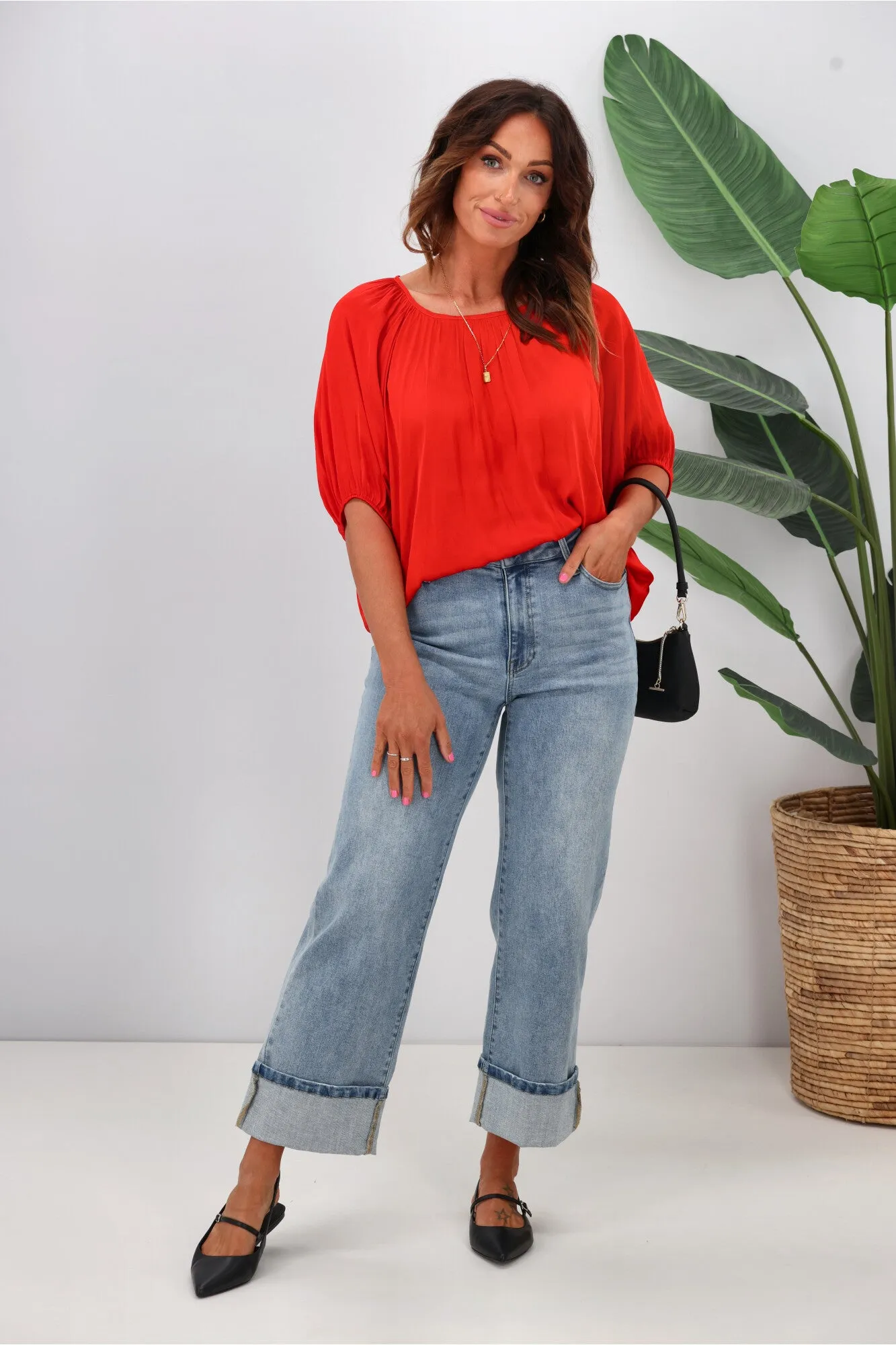 Gloss by Shine On Eve Satin Gathered Top Tomato sold by Shine On product image thumbnail 4