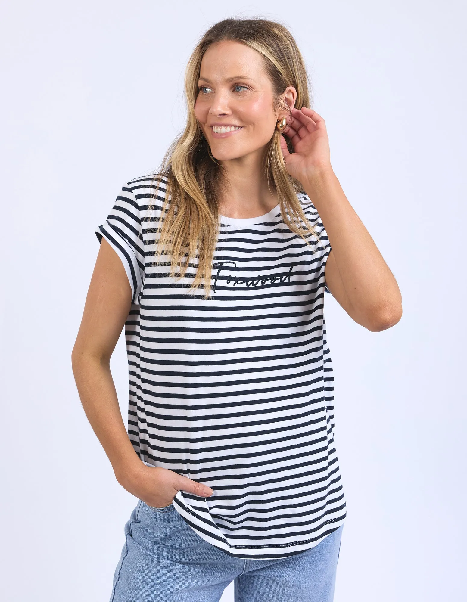 Foxwood Signature Stripe Tee Dark Sapphire/White Stripe sold by Shine On