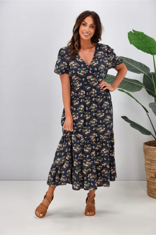 Shine On Label Callista Puff Sleeve Midi Dress Midnight Ditsy sold by Shine On